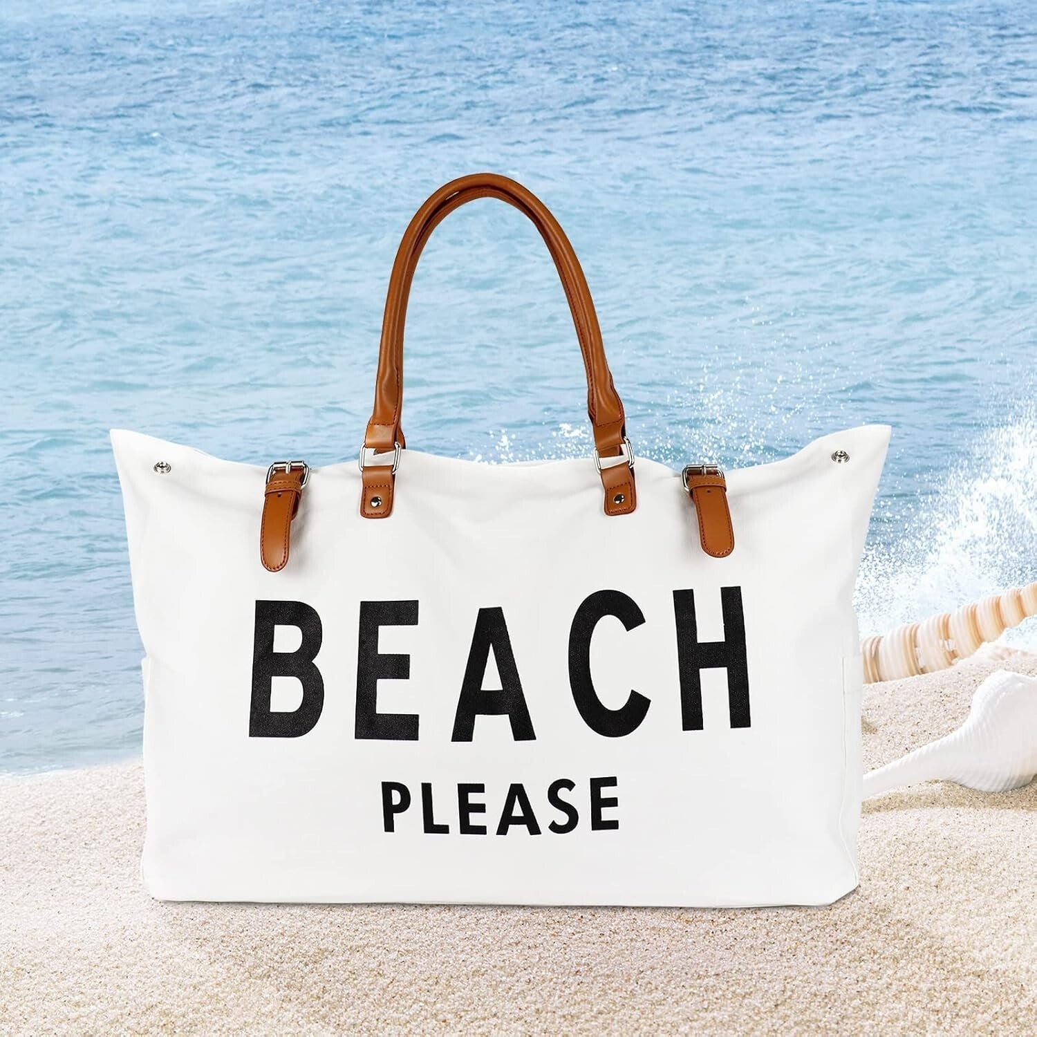 Stylish Waterproof Beach Bag with Vegan Leather Handle - Ideal for Travel & Fun