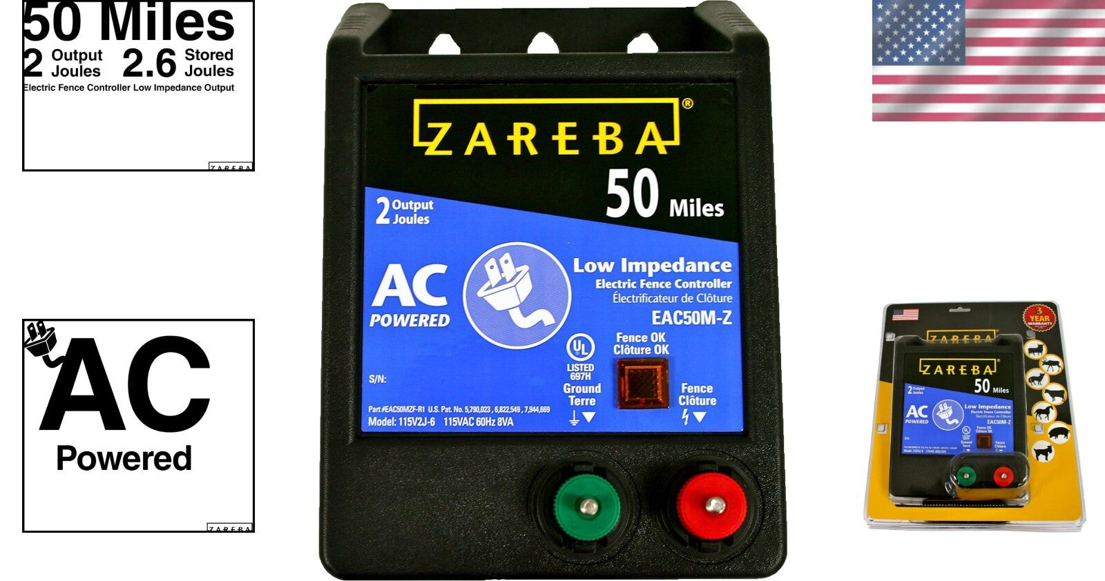 50 Mile AC-Powered Electric Fence Charger - Durable Low Impedance Energizer