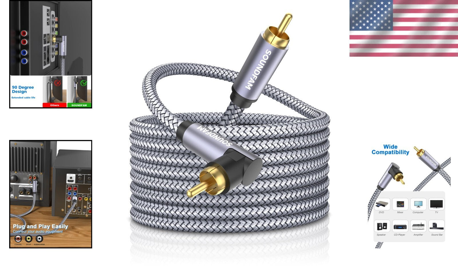50ft Right Angle RCA Cable with Gold-Plated Connectors for Subwoofer & TV
