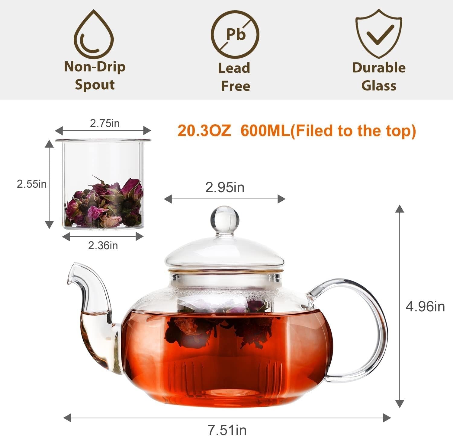 Durable Dishwasher Safe Glass Teapot with Infuser - Ideal Gift for Tea Lovers