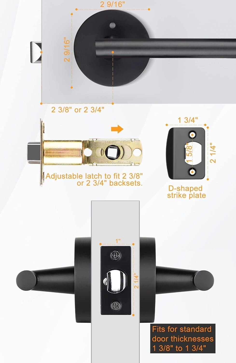 Zinc Alloy Matte Black Privacy Lever Door Handle - 6 Pack with Installation Kit