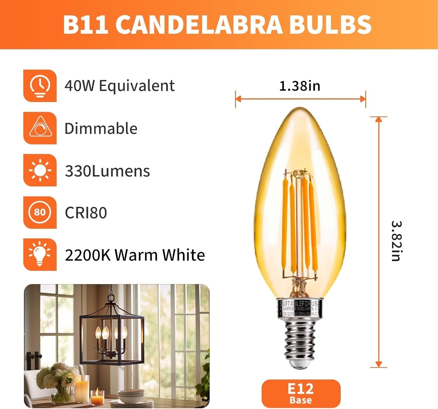 Energy-Saving 4W E12 LED Candelabra Bulbs - 40W Equivalent, 24 Soft White Lights