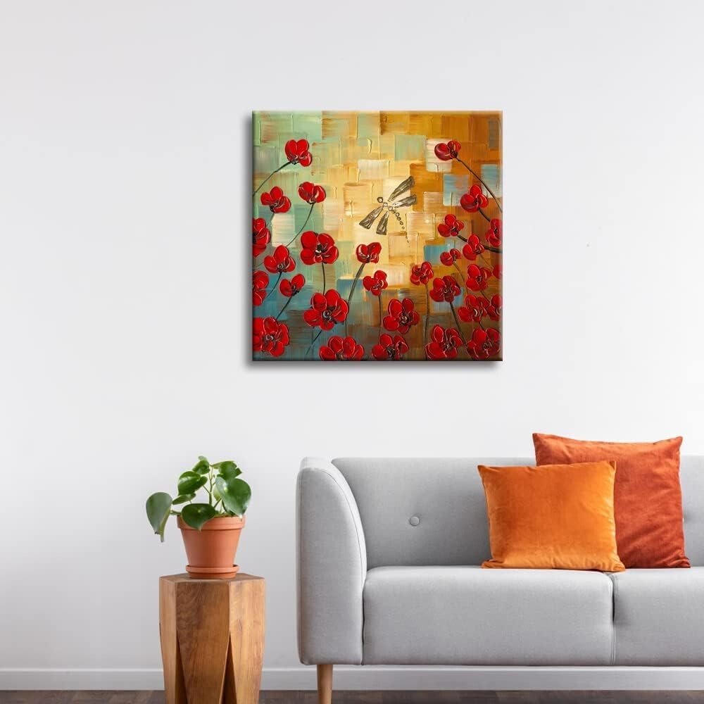 Gallery Wrapped 24x24 Dragonfly Floral Oil Painting - Ready to Hang Luxury Art