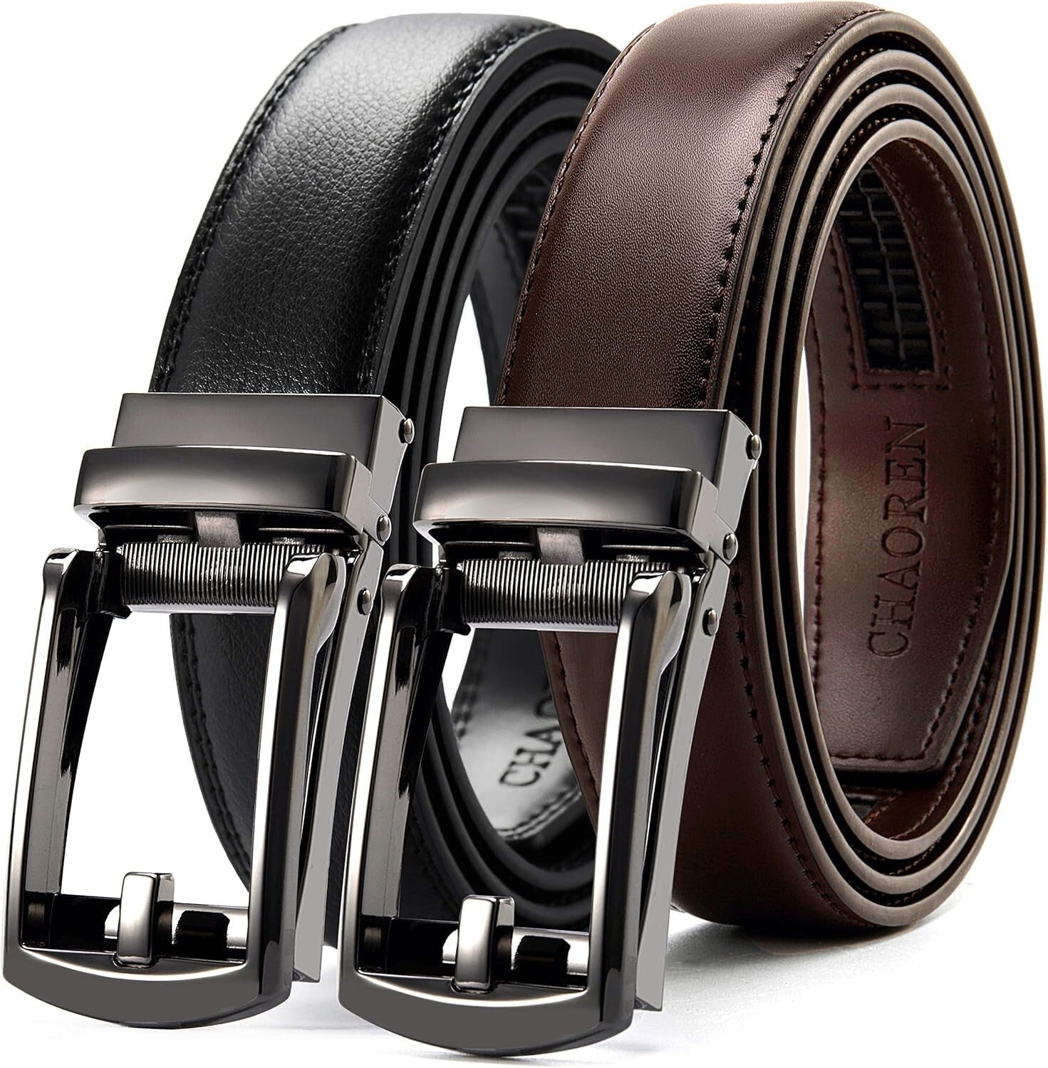 Men's Luxury Adjustable Ratchet Leather Belt Pack of 2 - Black, Fits All Sizes