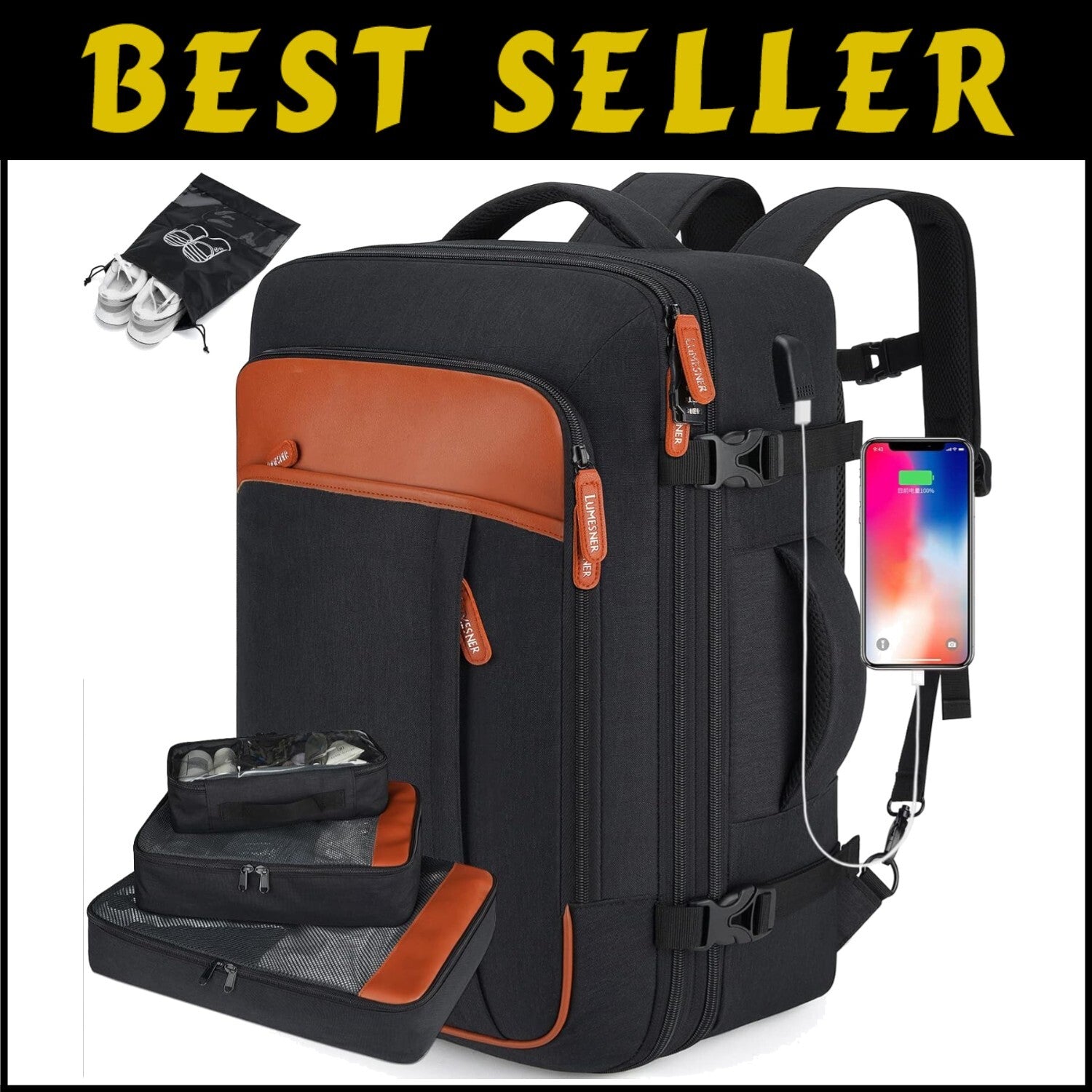Extra Large 40L Carry-On Travel Backpack with 4 Packing Cubes - Water-Resistant