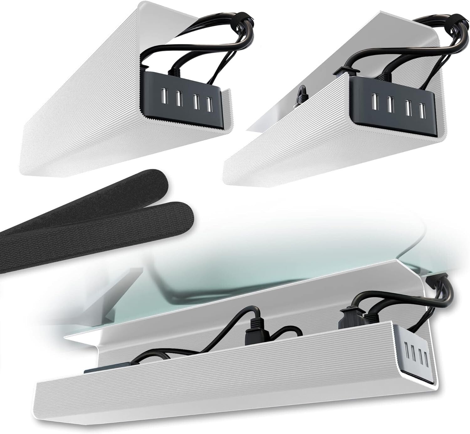 Space-Saving White Cable Organizer Trays - No-Screw Installation for a Neat Desk