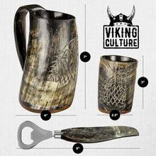 Load image into Gallery viewer, Authentic 16oz Ox Horn Mug Set: Vintage Viking Tankard with Shot Glass &amp; Opener
