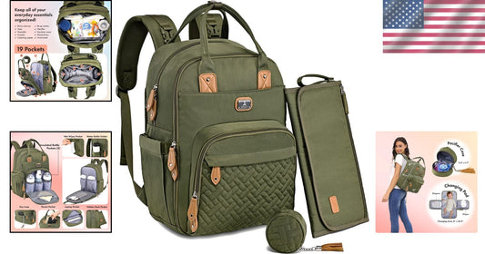 Stylish Unisex Diaper Bag Backpack with Changing Pad & Stroller Straps - Green