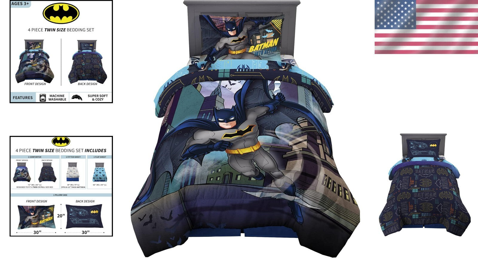 Dynamic Batman Kids Bedding Set - 4 Piece Twin Size Comforter and Sheets