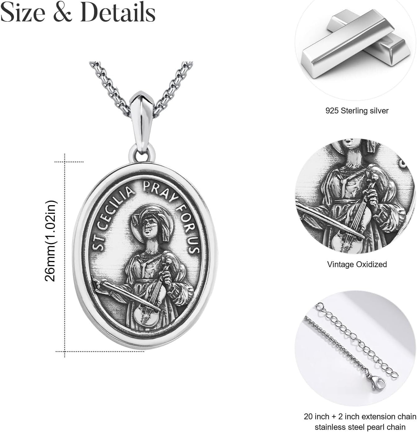 Durable 925 Silver Catholic Saint Medal Necklace - Perfect Gift for Music Lovers