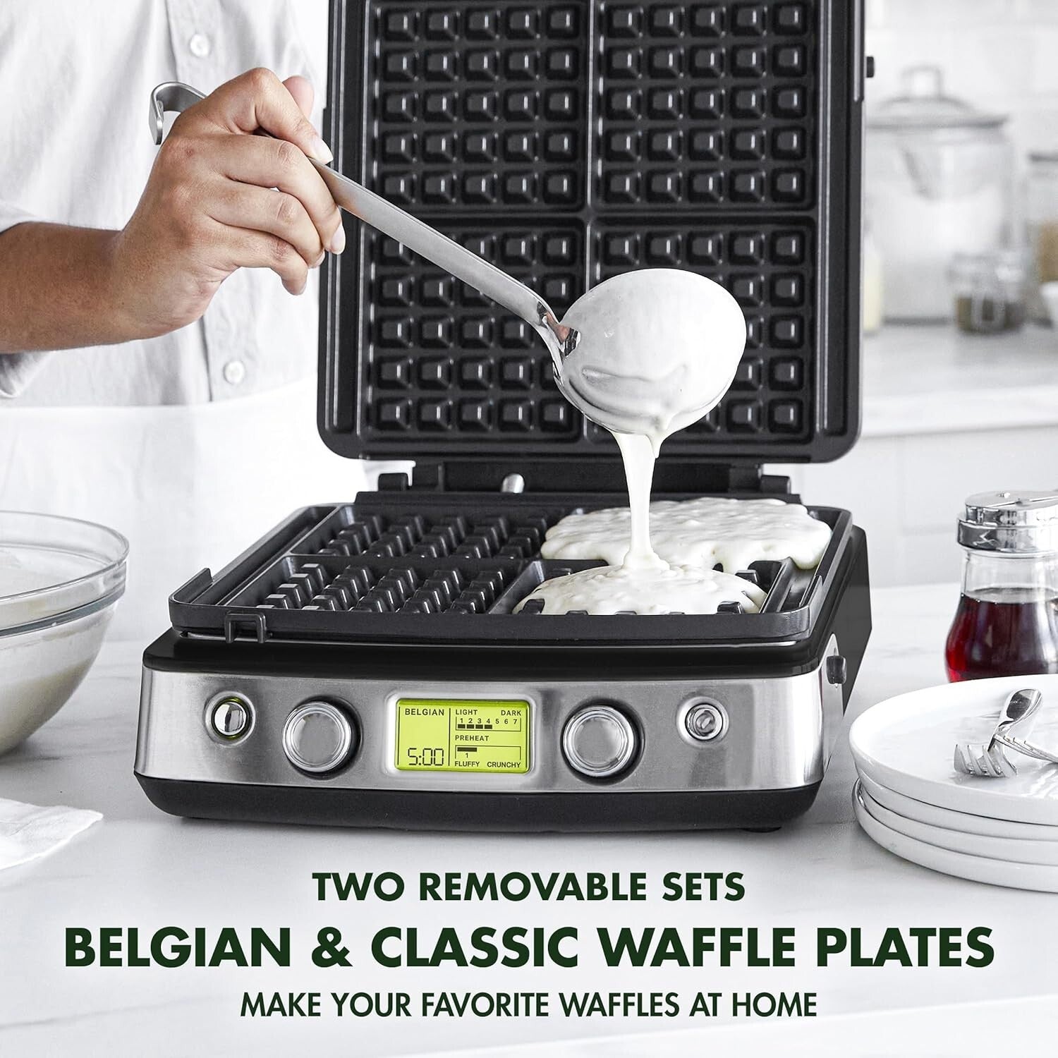 Elite Belgian & Classic Waffle Iron with Dishwasher Safe Plates - No Overflow