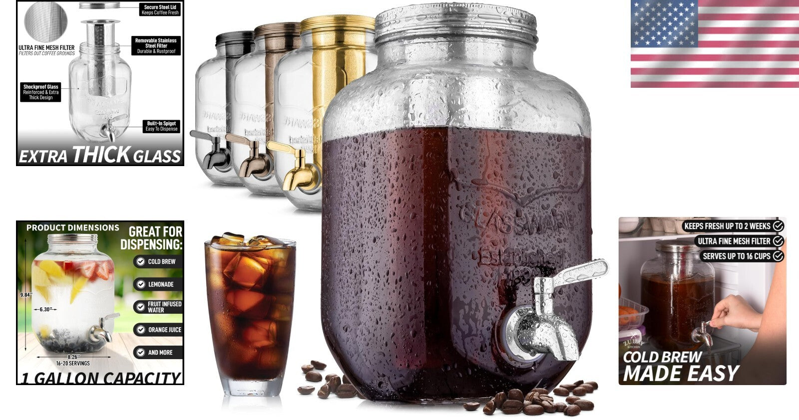 Durable Iced Tea & Cold Brew Maker - 1 Gallon Glass Pitcher with Airtight Lid