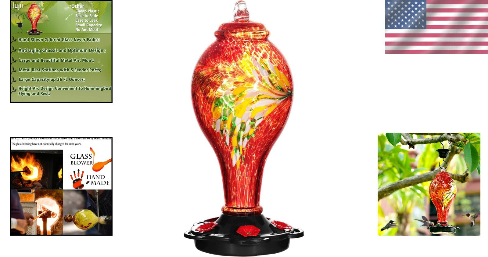Large Capacity Hummingbird Feeder - Hand Blown Glass, Easy to Clean Design