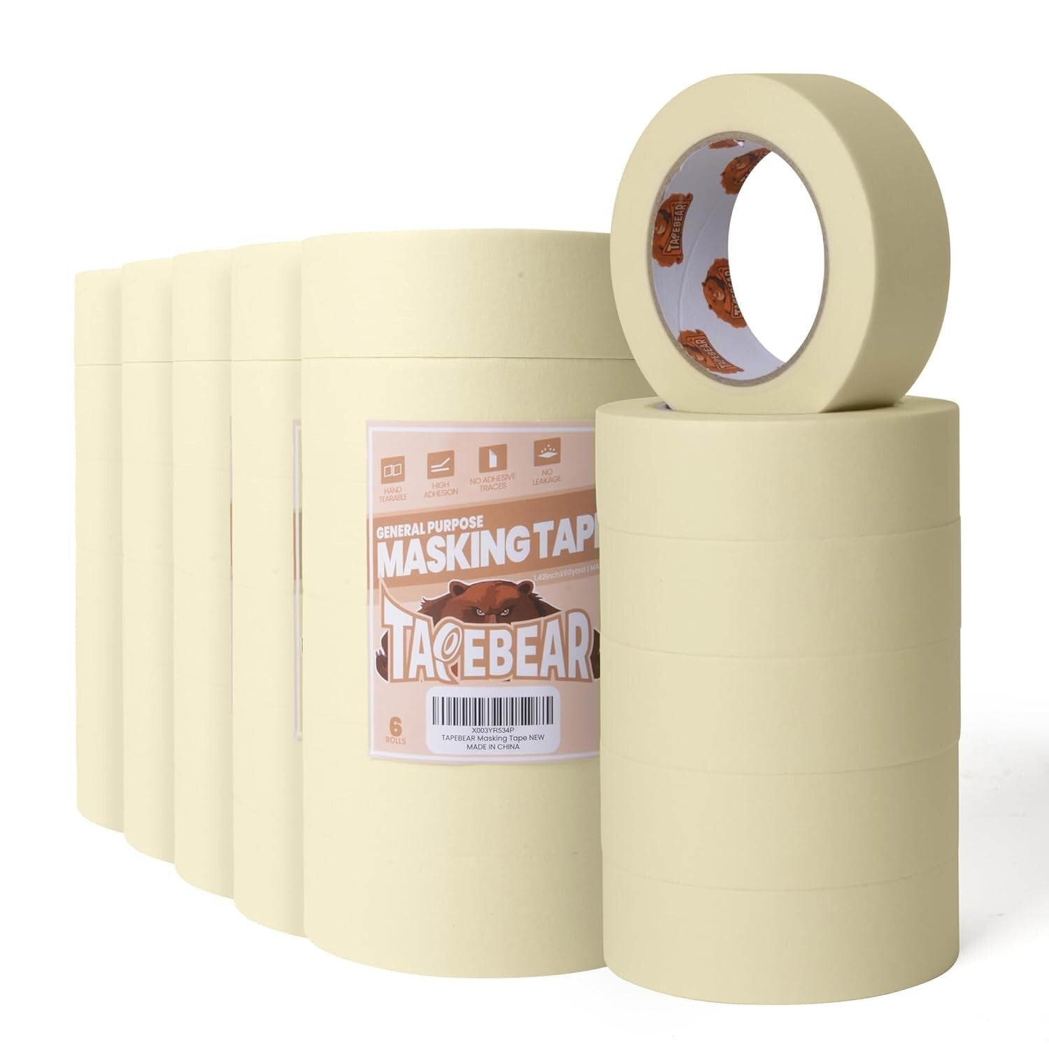 Non-Damaging Beige White Masking Tape - 36 Rolls, Ideal for DIY & Home Office