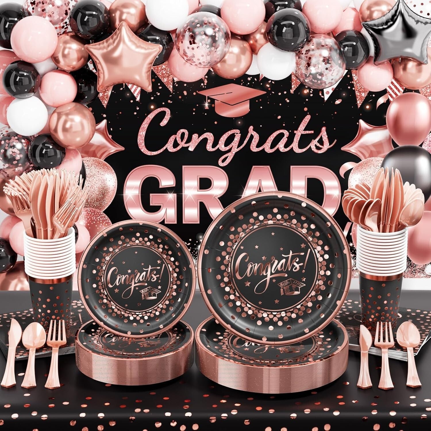 Complete 2025 Graduation Celebration Kit - 245 PCS in Black, Pink & Rose Gold