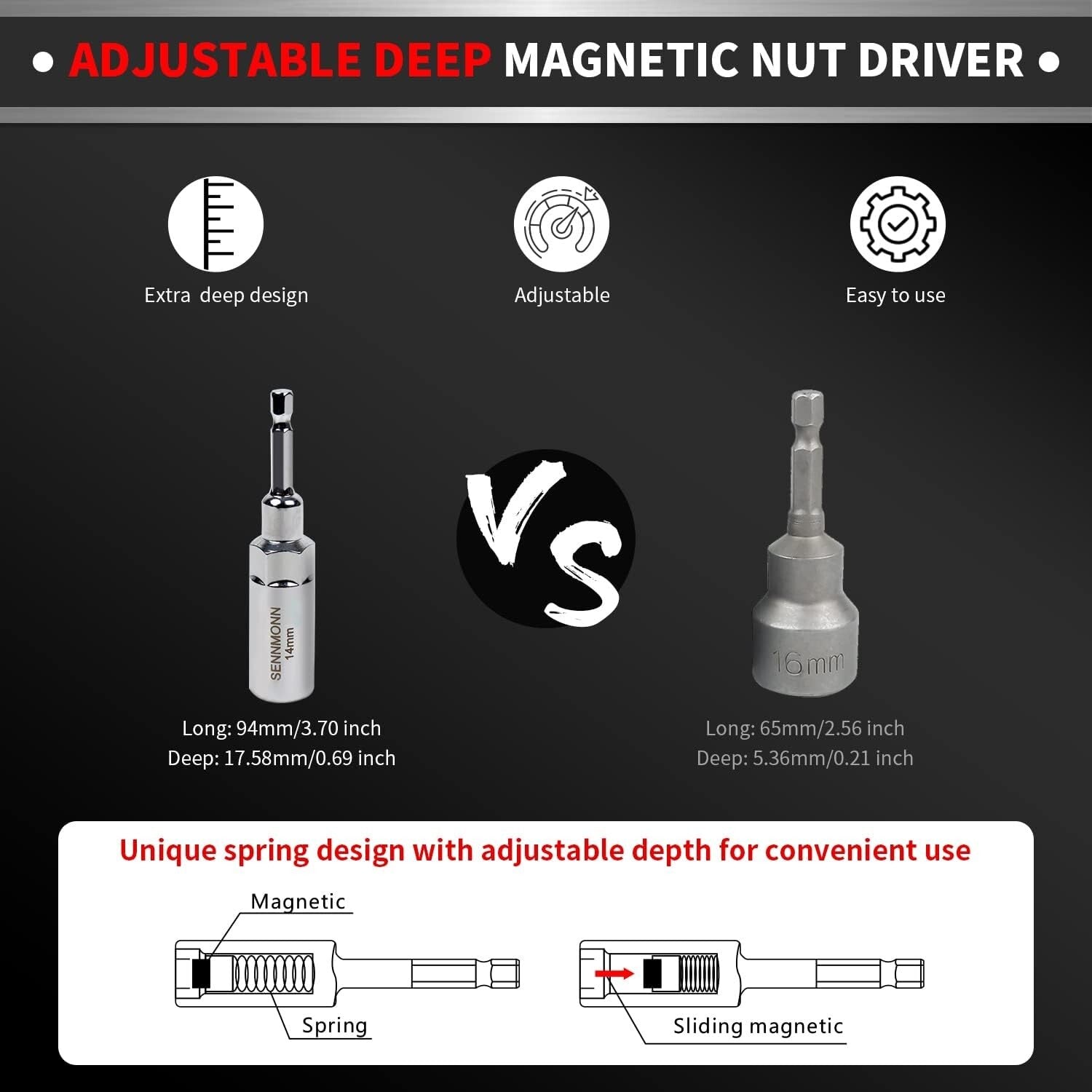 8 PCS Adjustable Deep Magnetic Nut Driver Set for Impact Drill - Metric Sizes