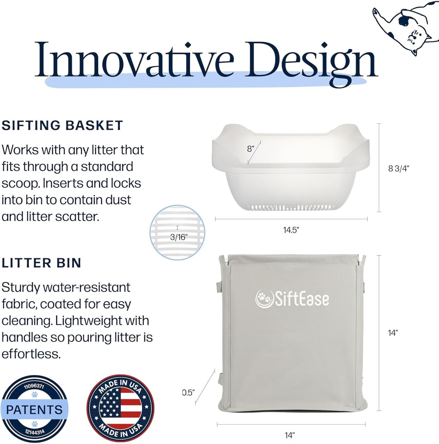 Light Grey Cat Litter Sifter - SiftEase with Deep Basket for Multi-Cat Homes