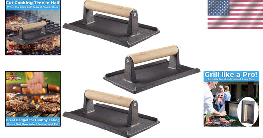 Extra-Large Cast Iron Grill Press Set - 3 Pre-Seasoned Weights with Wood Handles