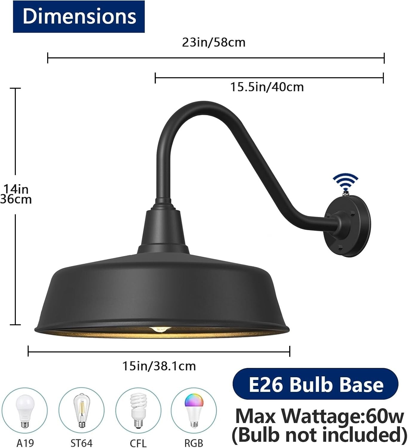 Durable 15" Waterproof Gooseneck Barn Light with Remote and Touch Control