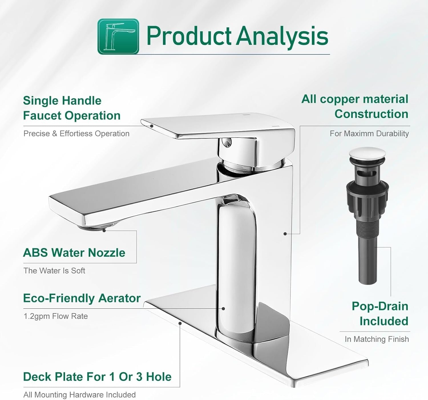 Durable Brass Chrome Bathroom Faucet with Quick Connect Supply Lines & Drain