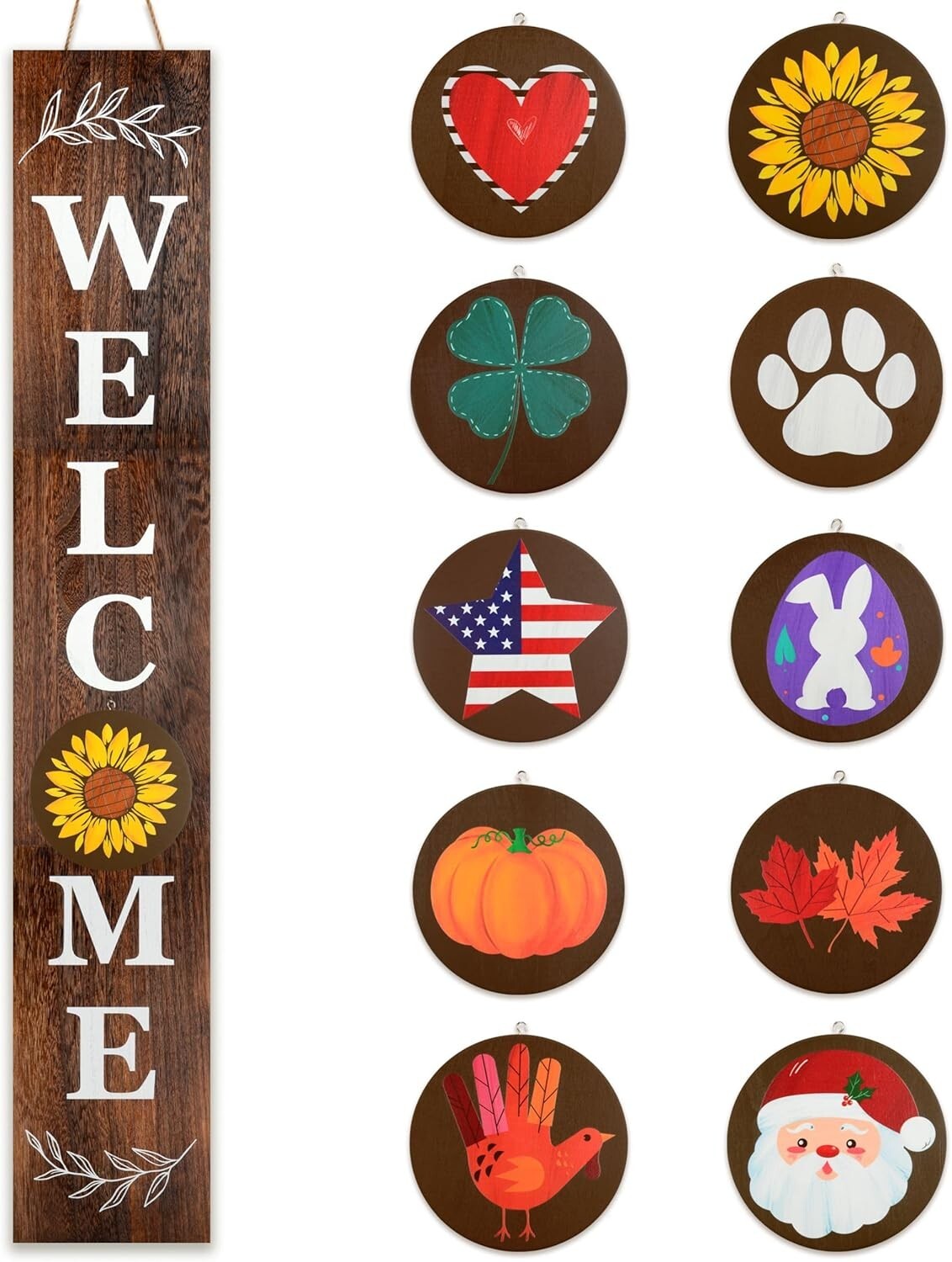 Charming 3.9ft Leaning Welcome Sign with 10 Seasonal Icons - Handmade Decor