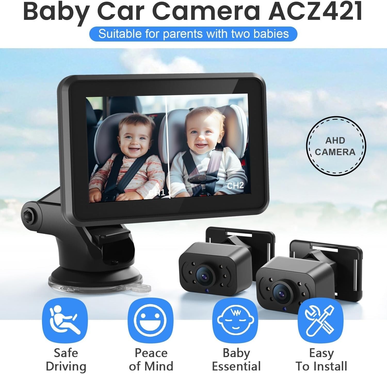 Easy Install Baby Car Camera with 1080P Display - For Safe Travels with Twins