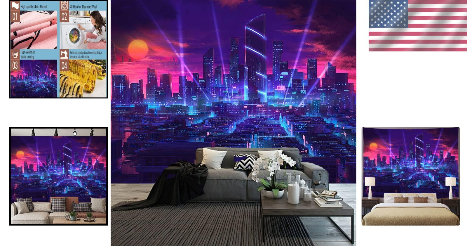 Customizable Large 108x90 In Neon Cityscape Tapestry for Bedroom & Living Room