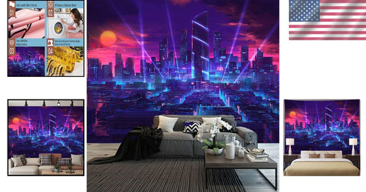 Customizable Large 108x90 In Neon Cityscape Tapestry for Bedroom & Living Room