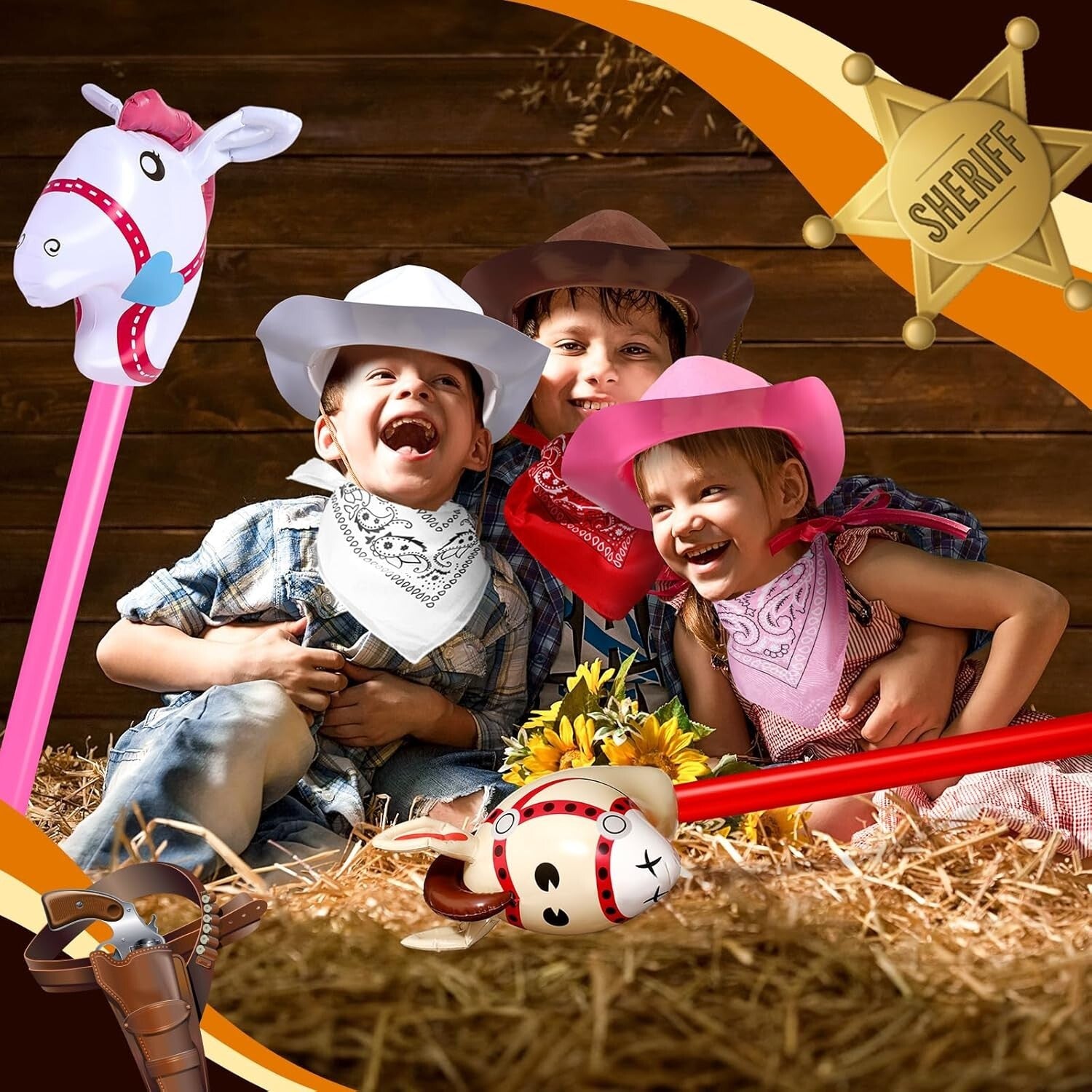 Fun Cowboy Costume Set - 36 Pcs of Hats, Bandanas & Inflatable Stick Horses