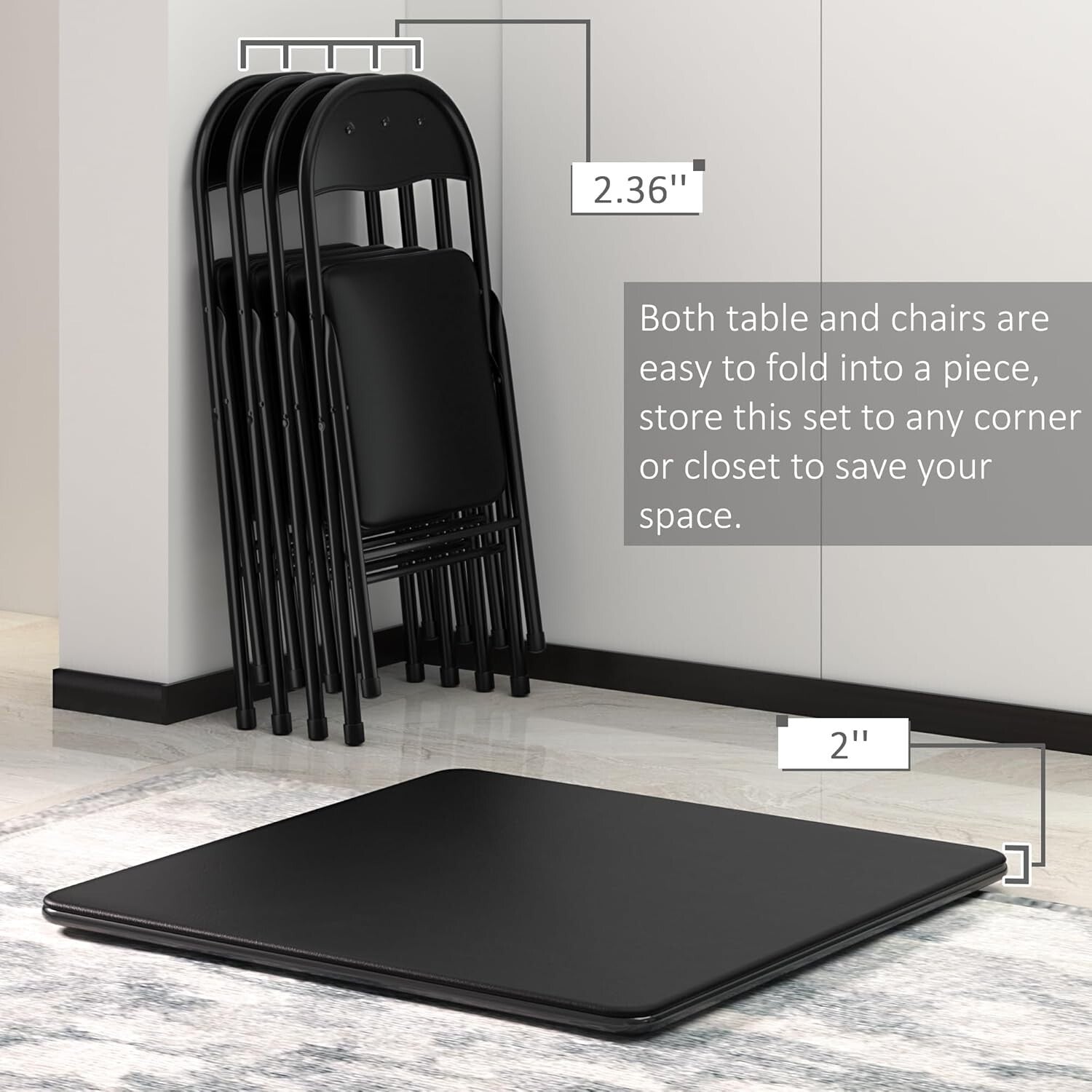 Portable Folding Card Table and Chair Set of 5 with Padded Upholstery - Black