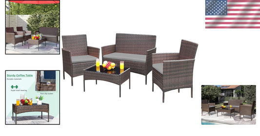 Durable Outdoor 4-Piece Wicker Set with Cushions & Chic Glass Table - Brown/Gray