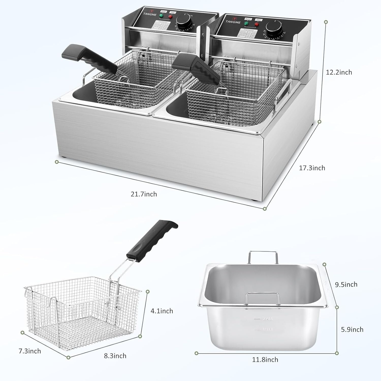 3400W Commercial Deep Fryer with 2x6.35QT Baskets - Stainless Steel Design