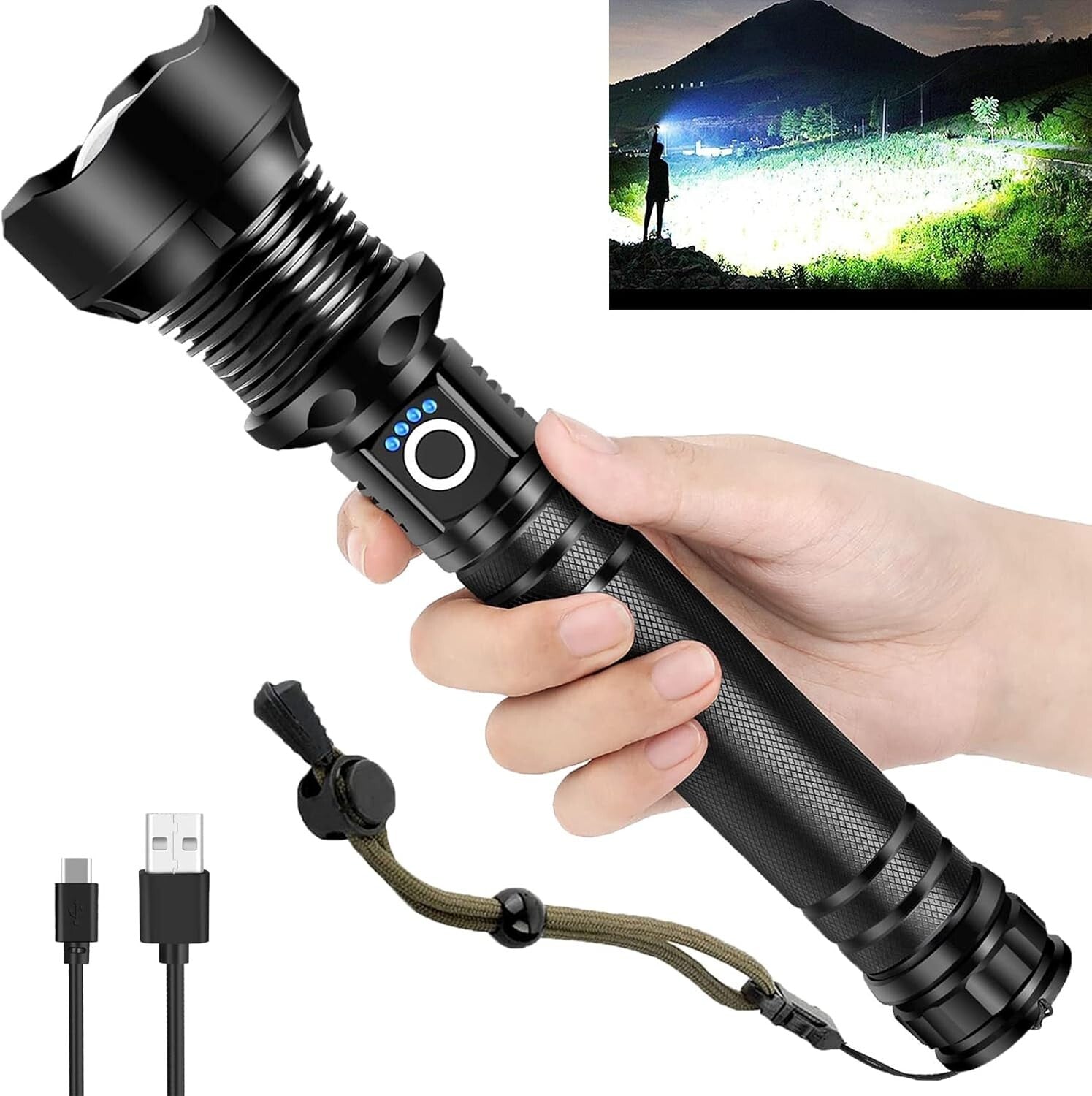 Adventure-Ready Tactical LED Flashlight: 990000 Lumens, Lightweight & Waterproof