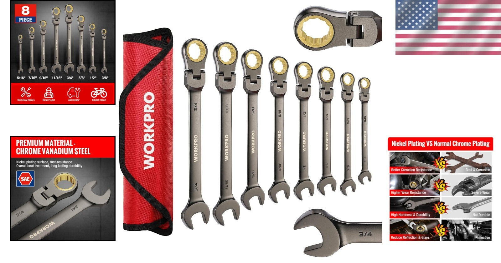 8-Piece Flex-Head Ratcheting Wrench Set with 72 Teeth - SAE Sizes, Durable CR-V