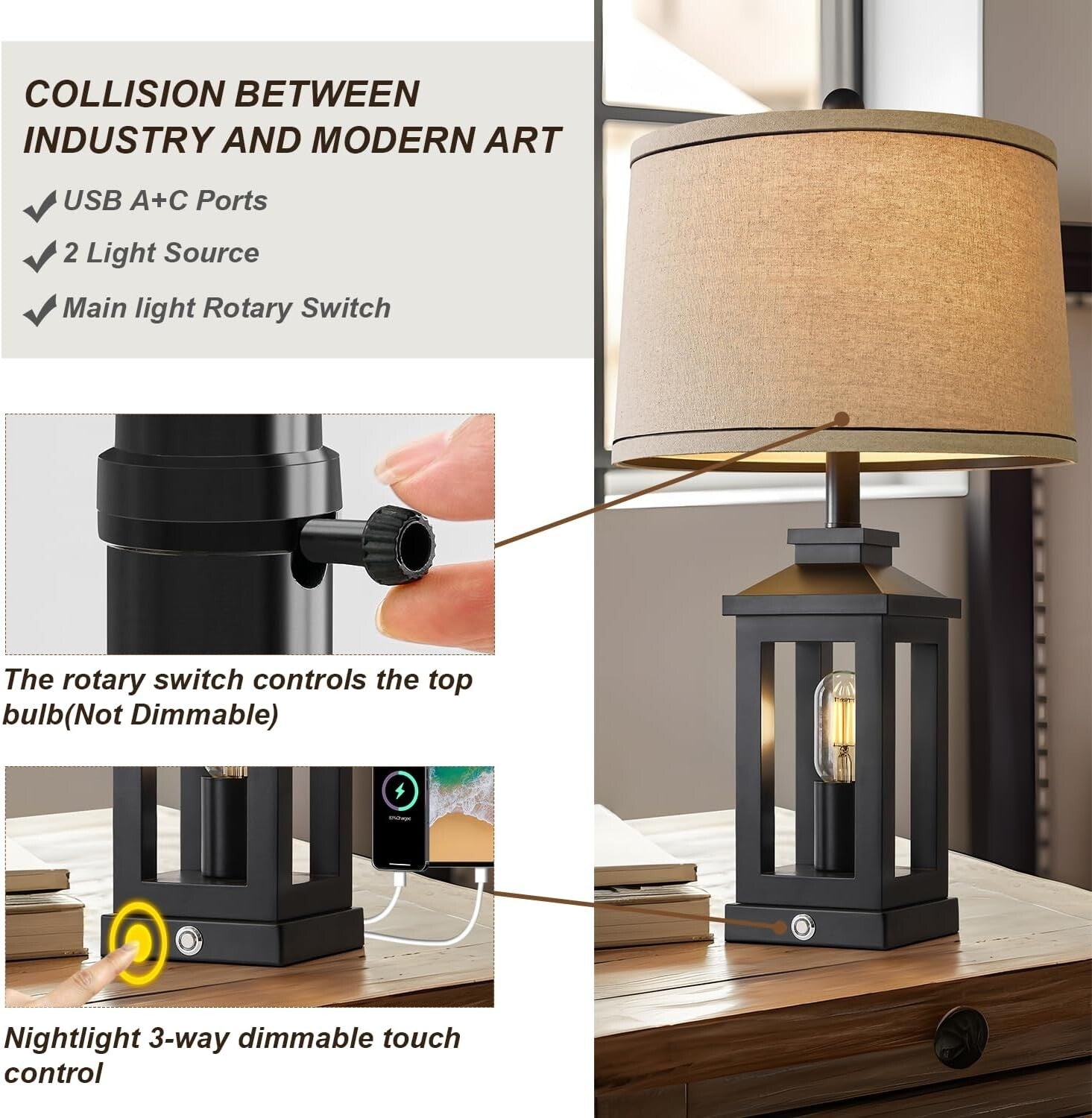 Elegant 23.75" Touch Control Black Table Lamps with Dual USB Ports - Set of 2