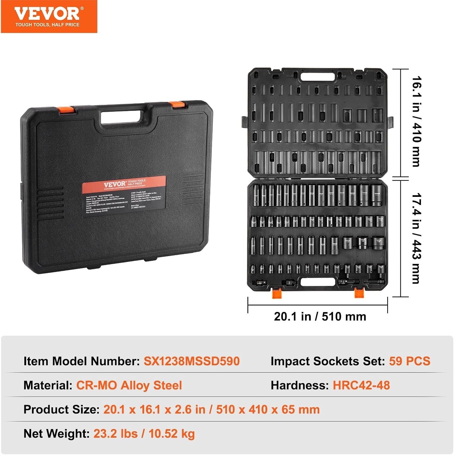 Comprehensive 59 Piece Socket Set - SAE & Metric Impact Tools, Easy Storage Case