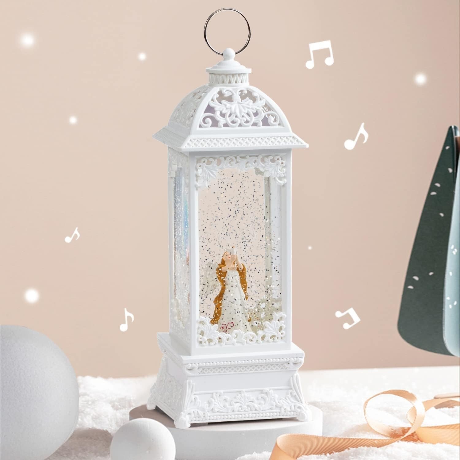 12” White Angel Lantern with Glitter & Music - USB/Battery Operated Night Light