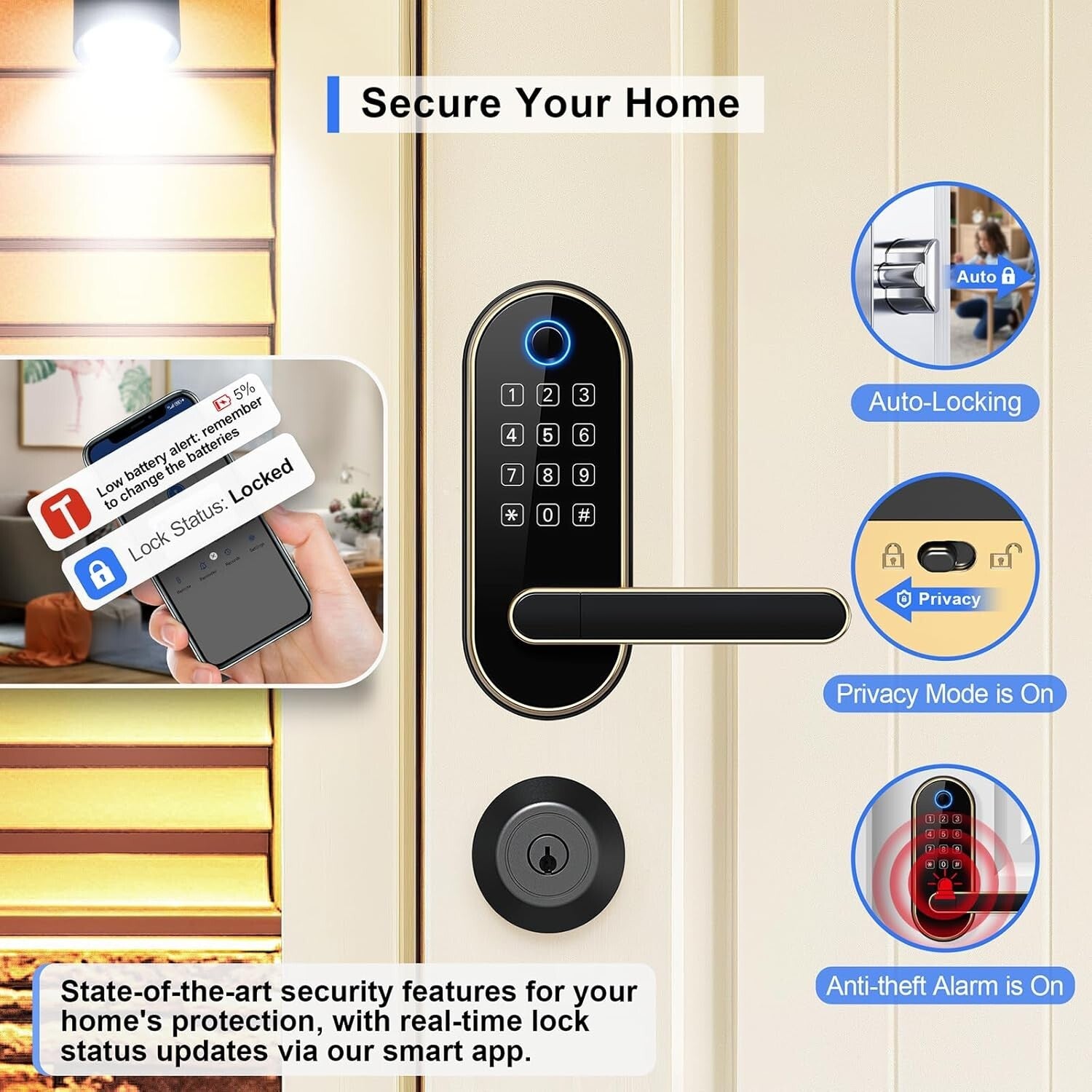 Biometric Keyless-Entry Smart Lock - Fingerprint & Code Touchscreen Gold Design