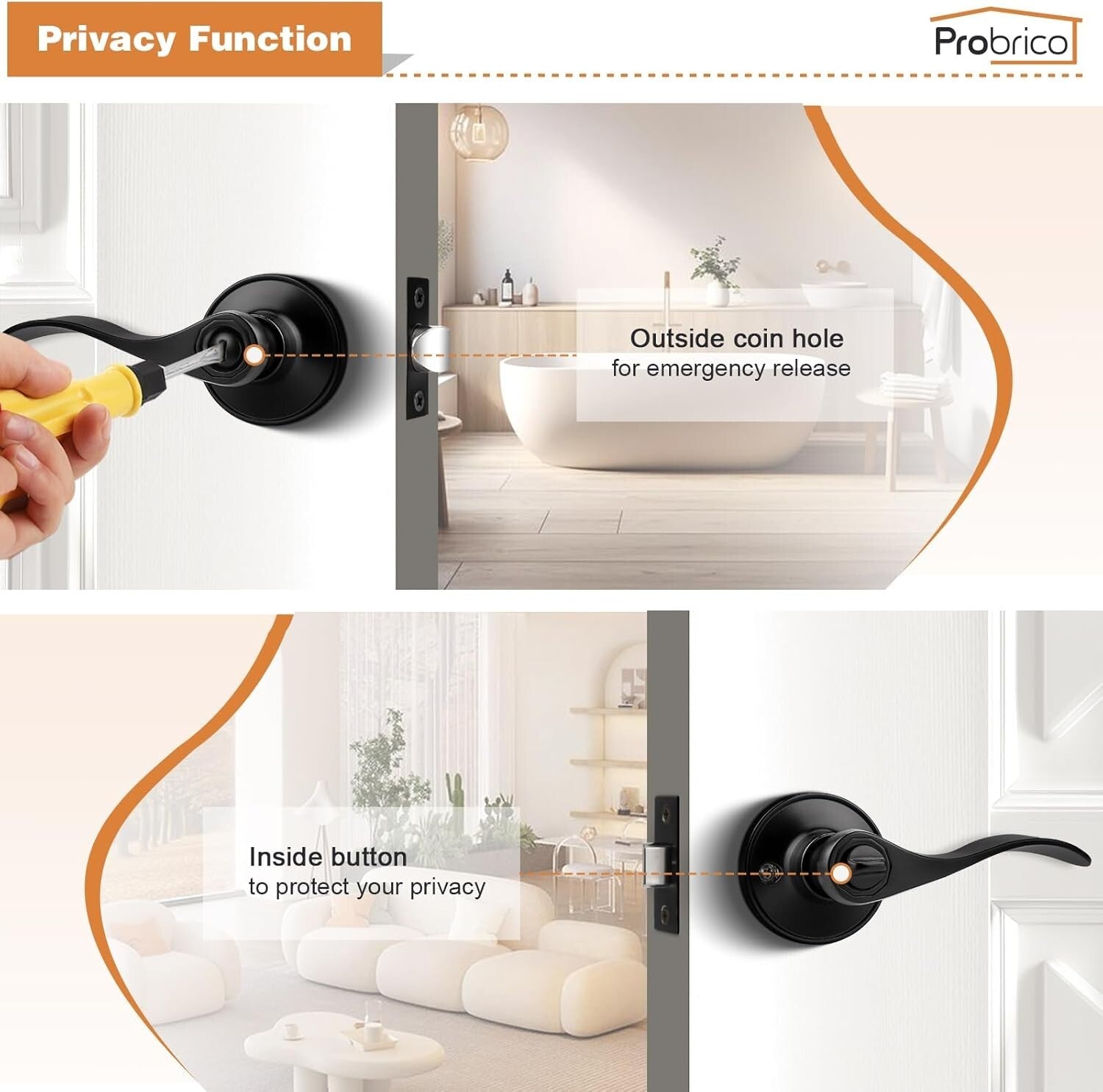 Elegant Matte Black Wave Style Door Levers - Privacy 6 Pack Interior Handles