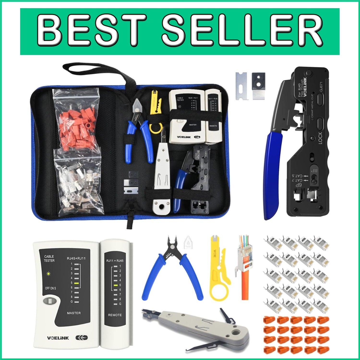 Ergonomic Network Crimper Set with 20 Pass-Thru Connectors for Homes & Offices