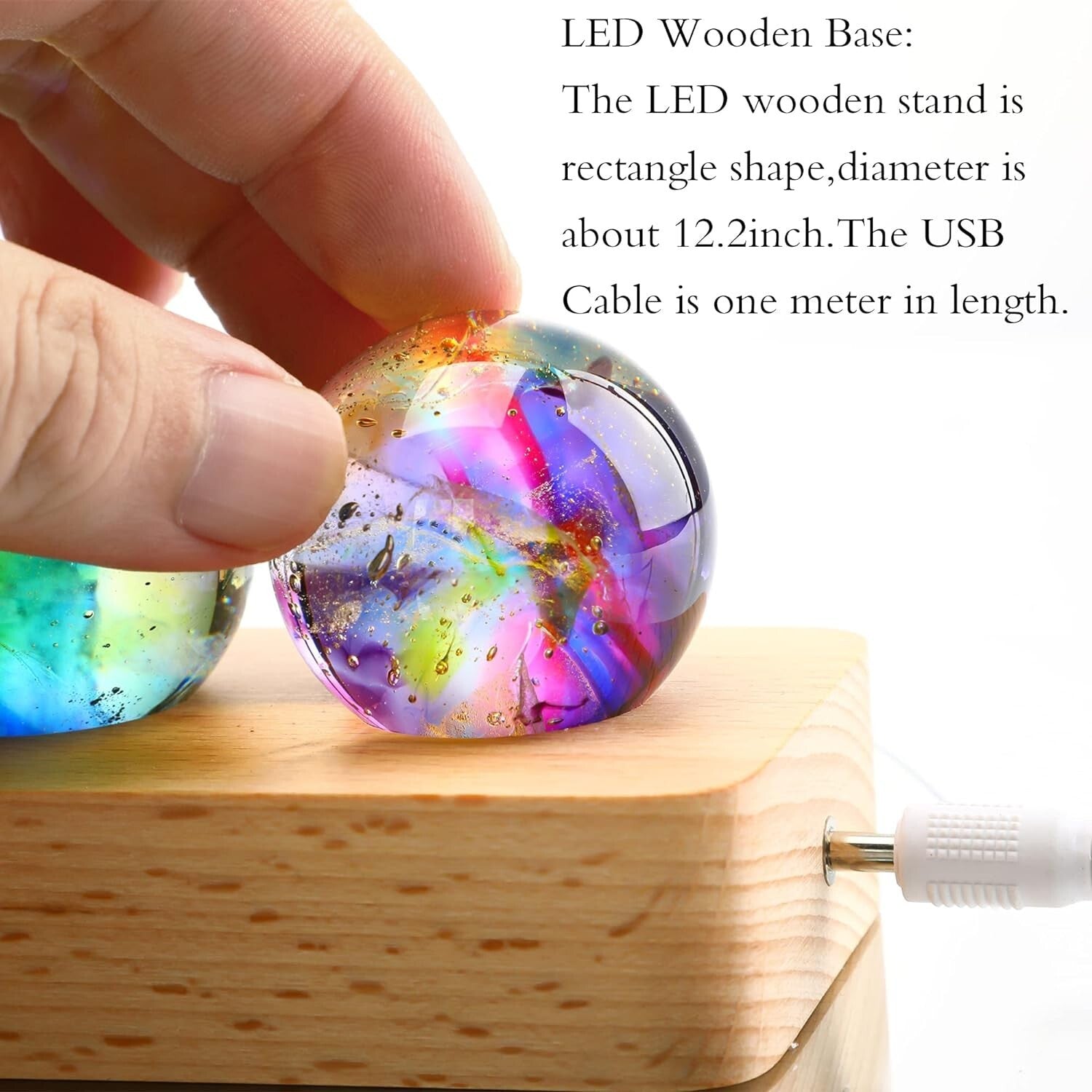 Multicolor 7 Chakra Crystal Spheres on Wooden LED Base - Perfect Gift Set