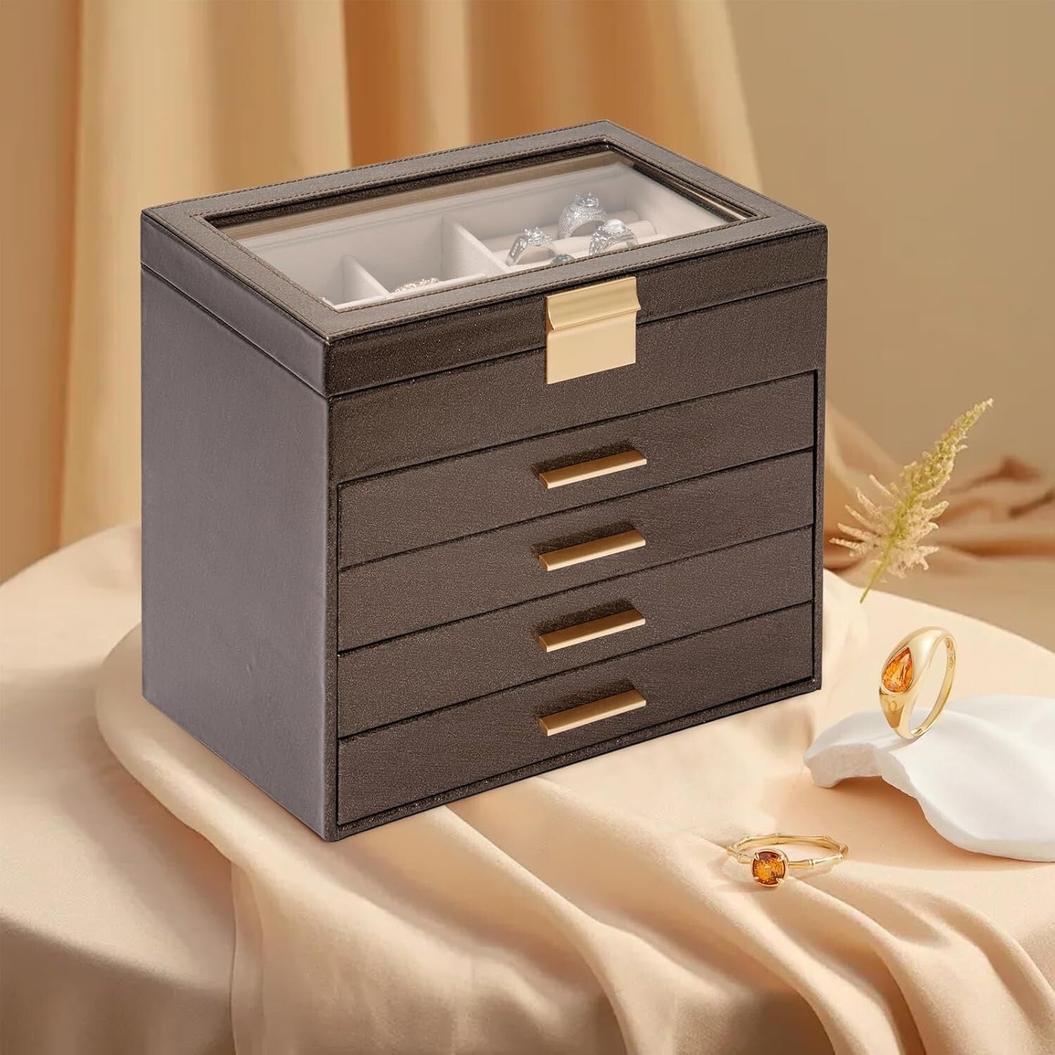 Stunning Clear Glass Lid Jewelry Box - 5-Tier Multi-Drawer Organizer for Women