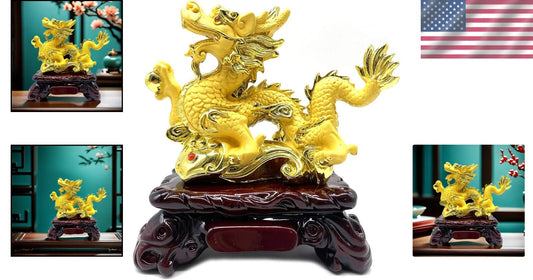 Gold Feng Shui Dragon Statue | 7.7 x 4 x 8 in | Good Luck Decor at Home & Office