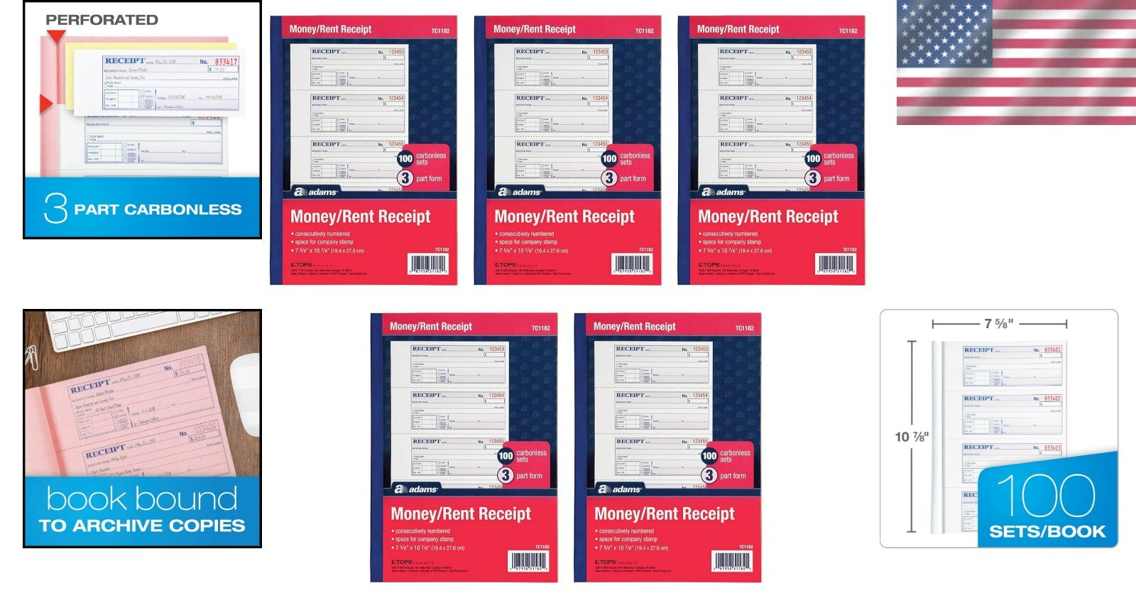 Enhanced Carbonless Money & Rent Receipt Books - 5 Pack, 100 Sets Each