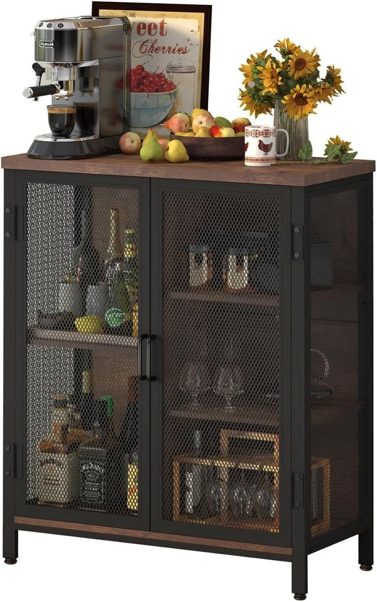 Farmhouse Style Alcohol Cabinet with Lockable Doors & Adjustable Storage Shelves