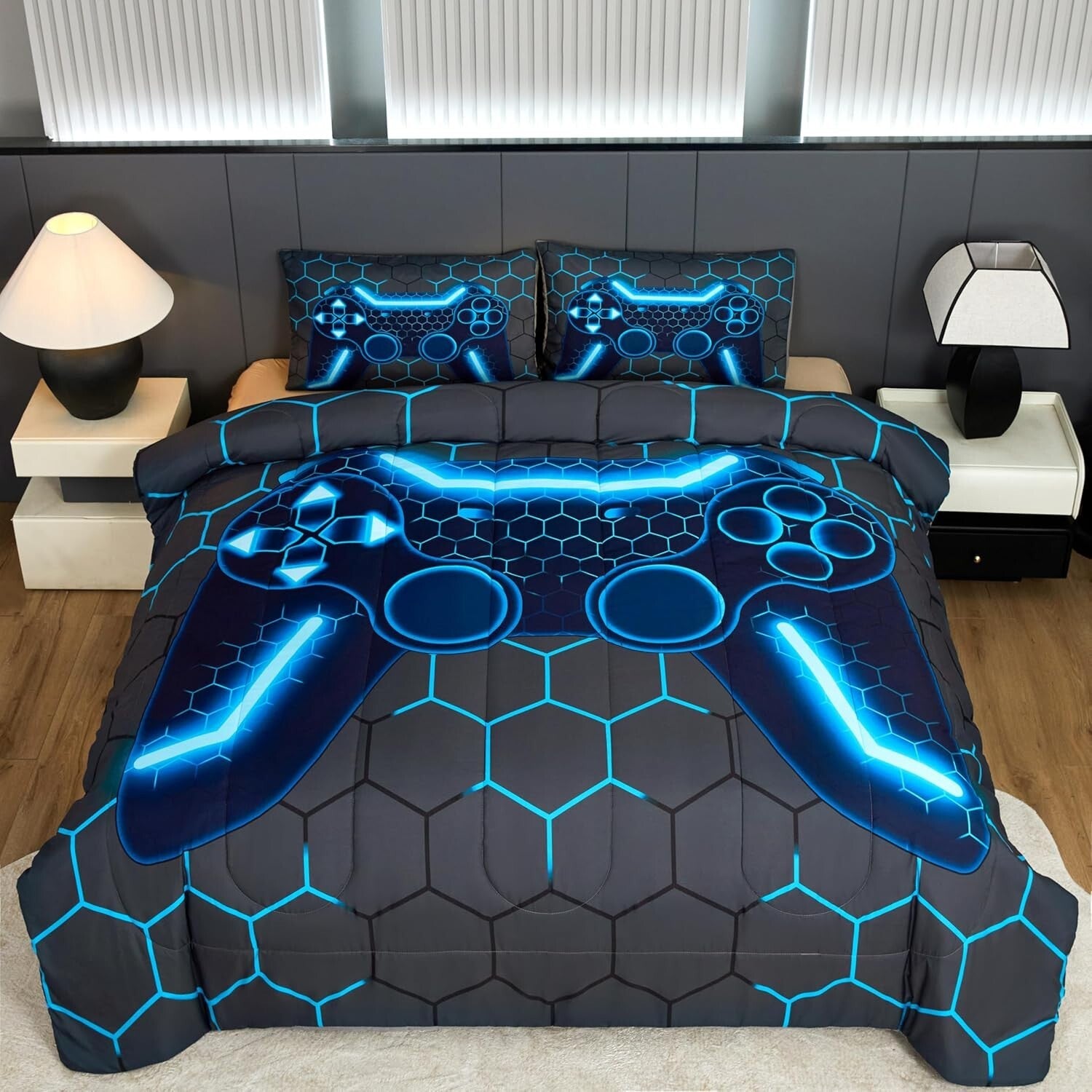 Vibrant Blue Game Controller Comforter Set - 3-Piece All-Season Bedding
