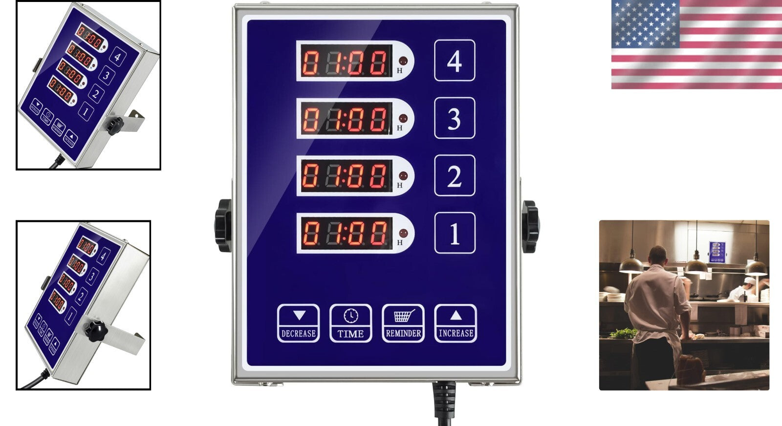 LED Cooking Timer with 4 Channels, Loud Alarm & Durable Stainless Steel Design