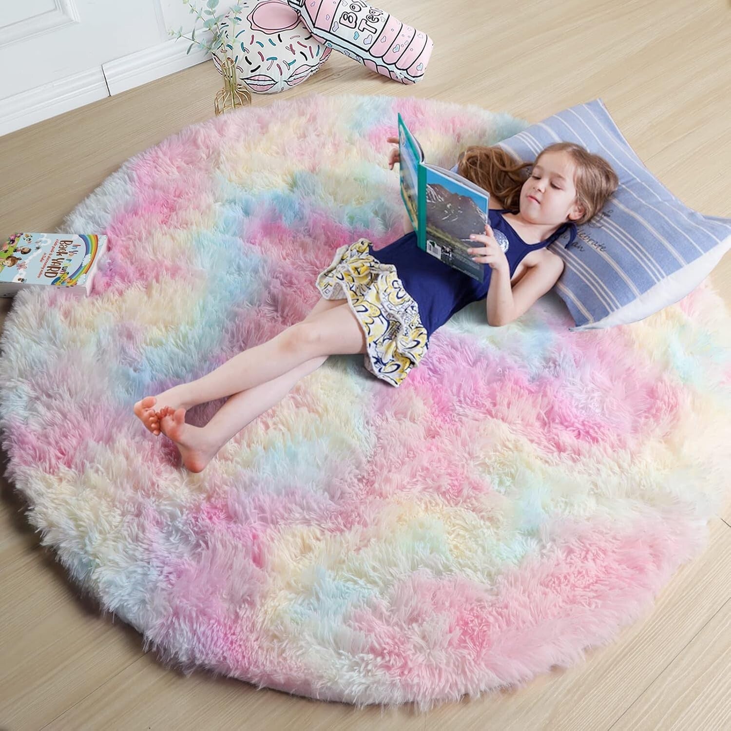 Soft 5Ft Pastel Round Rug - Cozy Fluffy Carpet for Toddler Unicorn Rooms