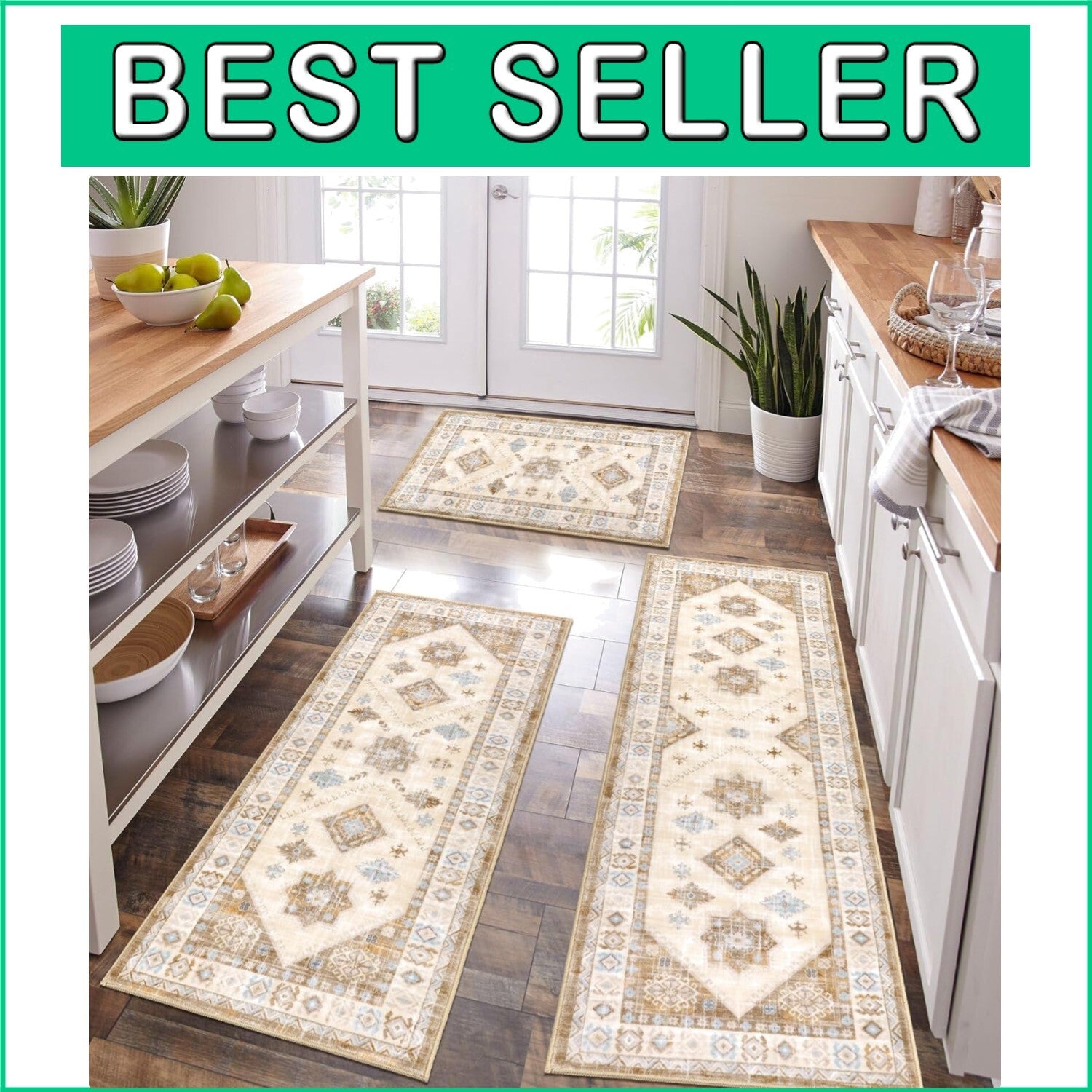Elegant 3-Piece Kitchen Rug Set with Runner - Non-Slip & Stain Resistant