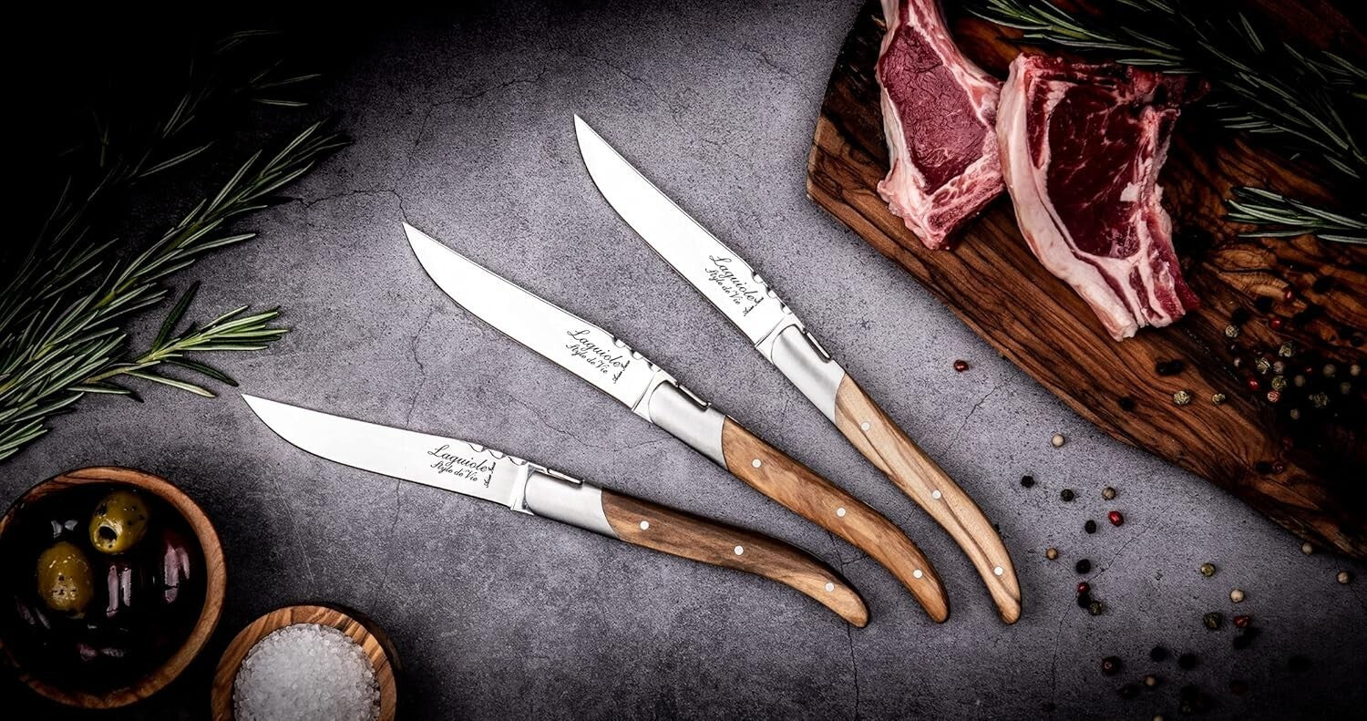 Premium Stainless Steel Steak Knives with Olive Wood Handles - Set of 6